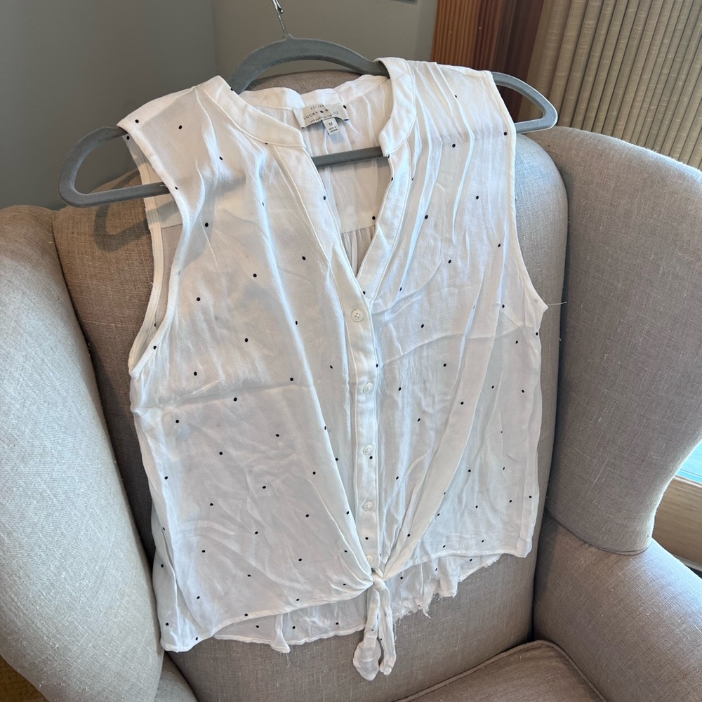 Lucky Tie-Front Polka-Dot Blouse, Size M